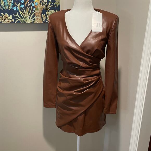 Zara Faux Leather Mini Dress NWT Brown Surplice V-Neck Ruched Long Sleeves Sz M - Picture 4 of 12